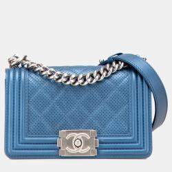 Pre Owned Chanel Blue Small Quilted Perforated Metallic Lambskin Boy Flap