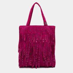 Pre Owned Chanel Pink Mini Suede Studded Fringe Tote