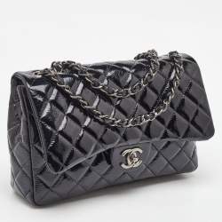 Pre Owned Chanel Black Quilted Patent Leather Jumbo Classic Single Flap Bag