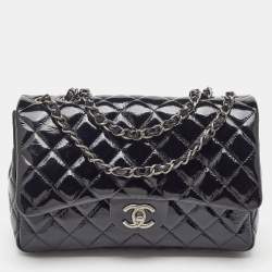 Pre Owned Chanel Black Quilted Patent Leather Jumbo Classic Single Flap Bag