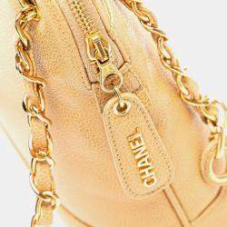 Pre Owned Chanel Yellow Caviar Logo Chain Shoulder Bag