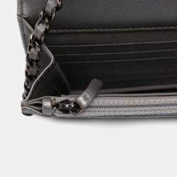 Pre Owned Chanel Silver Chevron Metallic Caviar Boy Wallet On Chain
