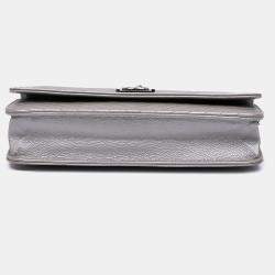 Pre Owned Chanel Silver Chevron Metallic Caviar Boy Wallet On Chain