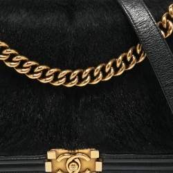 Pre Owned Chanel Black Calf Hair and Leather New Medium Boy Flap Bag