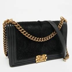 Pre Owned Chanel Black Calf Hair and Leather New Medium Boy Flap Bag