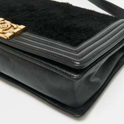 Pre Owned Chanel Black Calf Hair and Leather New Medium Boy Flap Bag