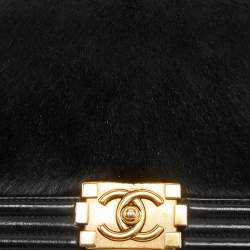 Pre Owned Chanel Black Calf Hair and Leather New Medium Boy Flap Bag