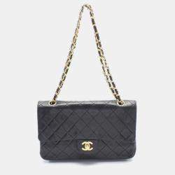 Pre Owned Chanel Double Flap Medium Black Lambskin Shoulder Bag