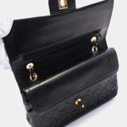 Pre Owned Chanel Double Flap Medium Black Lambskin Shoulder Bag
