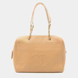 Pre Owned Chanel Coco Mark Beige Calfskin Tote Bag