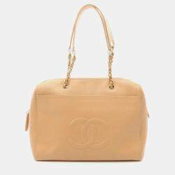 Pre Owned Chanel Coco Mark Beige Calfskin Tote Bag