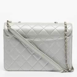 Pre Owned Chanel Silver Quilted Leather Beauty Lock Flap Bag