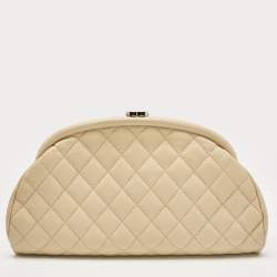 Pre Owned Chanel Beige Quilted Caviar Leather Timeless Clutch