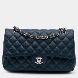 Pre Owned Chanel Blue Medium Classic Caviar Double Flap