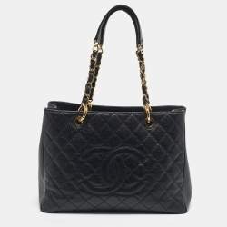 Pre Owned Chanel Black Quilted Caviar Leather Grand Shopper Tote