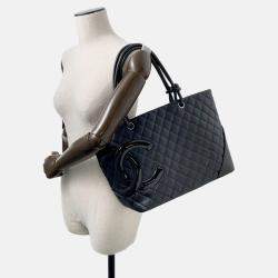 Pre Owned Chanel Cambon Line Tote Bag Black Leather Size Large