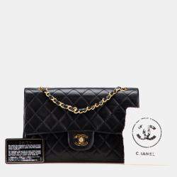 Pre Owned Chanel Black Medium Classic Lambskin Double Flap