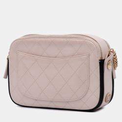 Pre Owned Chanel Pink Calfskin Grosgrain Stitched Button Up Camera Case