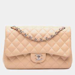 Pre Owned Chanel Beige Jumbo Classic Lambskin Double Flap
