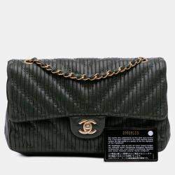 Pre Owned Chanel Black Medium Chevron Calfskin Coco Pleats Double Flap