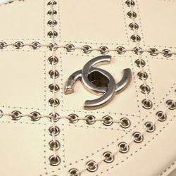 Pre Owned Chanel Coco Eyelets Round White Calfskin Flap Shoulder Bag