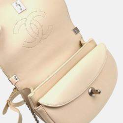 Pre Owned Chanel Coco Eyelets Round White Calfskin Flap Shoulder Bag
