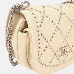 Pre Owned Chanel Coco Eyelets Round White Calfskin Flap Shoulder Bag