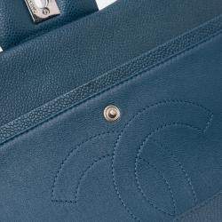 Pre Owned Chanel Blue Jumbo Classic Iridescent Caviar Double Flap