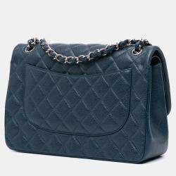 Pre Owned Chanel Blue Jumbo Classic Iridescent Caviar Double Flap