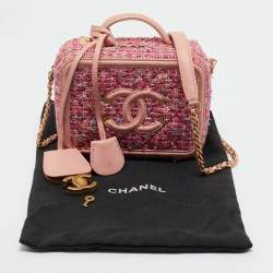 Pre Owned Chanel Pink Quilted Tweed and Leather Small CC Filigree Vanity Case Bag