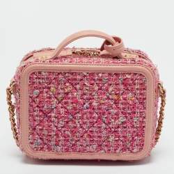 Pre Owned Chanel Pink Quilted Tweed and Leather Small CC Filigree Vanity Case Bag