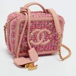 Pre Owned Chanel Pink Quilted Tweed and Leather Small CC Filigree Vanity Case Bag