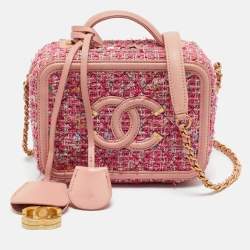 Pre Owned Chanel Pink Quilted Tweed and Leather Small CC Filigree Vanity Case Bag
