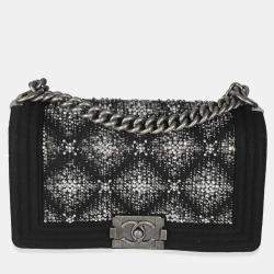 Pre Owned Chanel Black Jersey Strass Old Medium Boy Bag