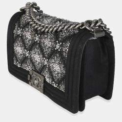 Pre Owned Chanel Black Jersey Strass Old Medium Boy Bag