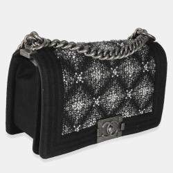 Pre Owned Chanel Black Jersey Strass Old Medium Boy Bag