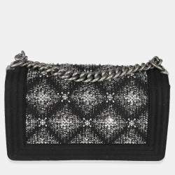 Pre Owned Chanel Black Jersey Strass Old Medium Boy Bag