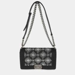 Pre Owned Chanel Black Jersey Strass Old Medium Boy Bag