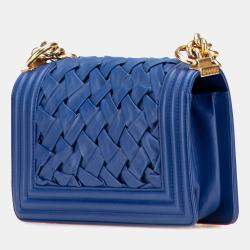 Pre Owned Chanel Blue Small Woven Lambskin Chateau Boy Flap