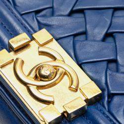 Pre Owned Chanel Blue Small Woven Lambskin Chateau Boy Flap