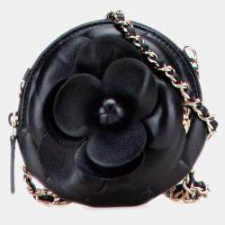Pre Owned Chanel Black Mini CC Lambskin Camellia Bouquet Round Clutch on Chain