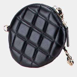 Pre Owned Chanel Black Mini CC Lambskin Camellia Bouquet Round Clutch on Chain
