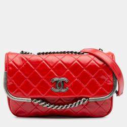 Pre Owned Chanel Chain Frame Red Aged Calfskin Leather Shoulder Bag