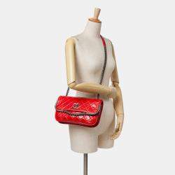 Pre Owned Chanel Chain Frame Red Aged Calfskin Leather Shoulder Bag