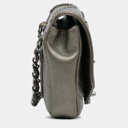 Pre Owned Chanel Chevron Square Envelop Flap Gray Embellished Calfskin Leather Shoulder Bag