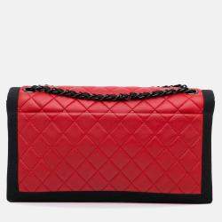 Pre Owned Chanel Quilted Two Tone Flap Red Lambskin and Grosgrain Leather Shoulder Bag