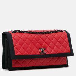 Pre Owned Chanel Quilted Two Tone Flap Red Lambskin and Grosgrain Leather Shoulder Bag