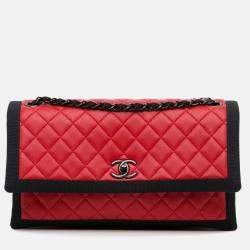 Pre Owned Chanel Quilted Two Tone Flap Red Lambskin and Grosgrain Leather Shoulder Bag