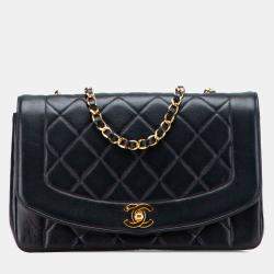 Pre Owned Chanel Black Medium Lambskin Diana Flap Blag
