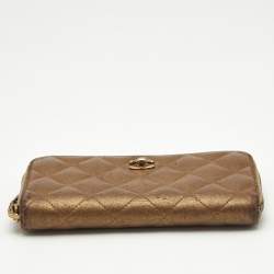 Pre Owned Chanel Gold Quilted Leather CC Zip Around Wallet